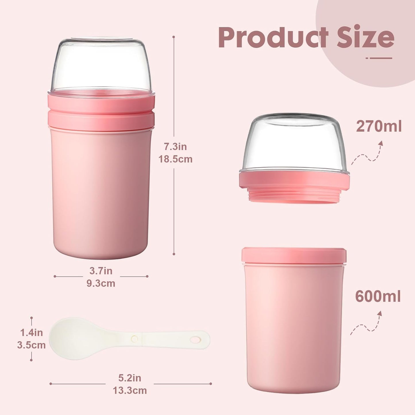 Snack Cup Reusable Snack Container with Lid,Yogurt Parfait Cups and Spoons,600ml+270ml Breakfast On The Go,Portable Cereal To Go Travel Cereal Bowl and Milk Container(Pink)