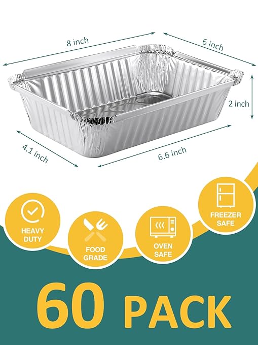 60 Pack 8x6 Disposable Aluminum Pans Aluminum-Foil-Pans-Tin-Foil-Baking-Pans-Tin-Trays-Food-Containers-for-Meal-Prep-Cooking-Roasting-Heating