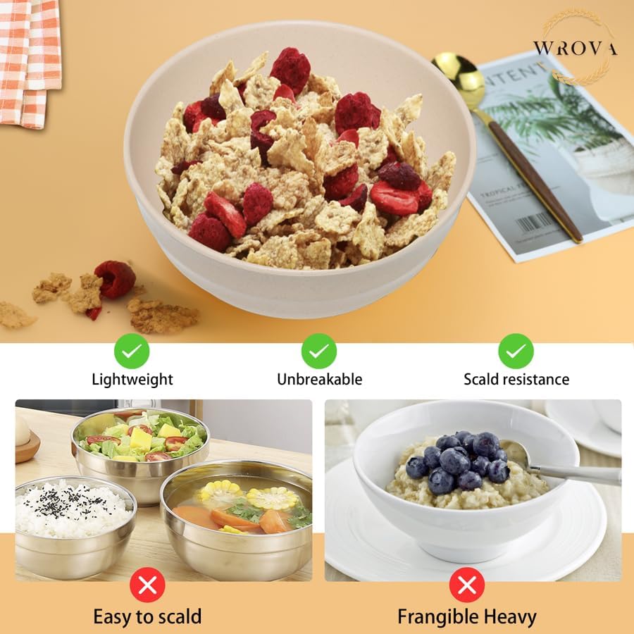 Wrova Wheat Straw Bowls Set 60 OZ, Unbreakable Large Beige Bowls Set of 6, Microwave & Dishwasher Safe Big Cereal Bowl for Picnic and Party BPA Free Salad Bowl for Serving Oatmeal and Popcorn (Beige)