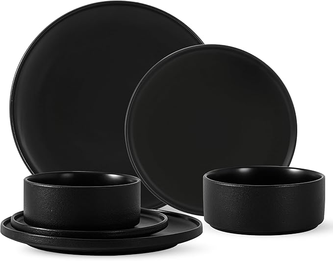 6 Piece Ceramic Dinnerware Set for 2, Modern Minimalist Stoneware Dinner Plates and Bowls, Microwave Safe, Dishwasher Safe, Versatile for All Seasons, Matte Black