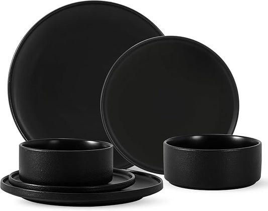 6 Piece Ceramic Dinnerware Set for 2, Modern Minimalist Stoneware Dinner Plates and Bowls, Microwave Safe, Dishwasher Safe, Versatile for All Seasons, Matte Black