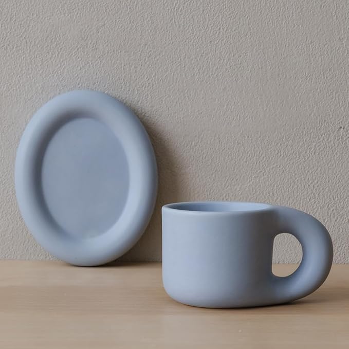 WENSHUO Chubby Funny Coffee Mug, Novelty Cute Cup and Saucer, Matte Crème, 9 oz (Matte Blue)