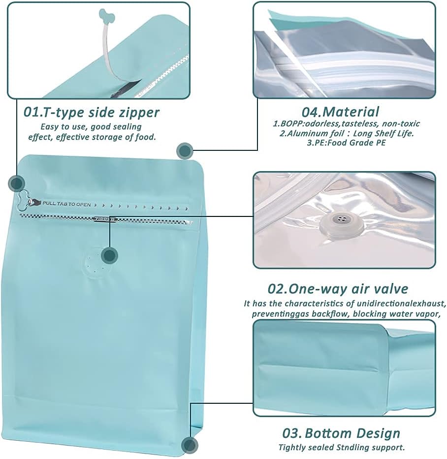 REMTAP Coffee Bags with Valve(100pcs,16oz) Tiffany Blue High Barrier Aluminumed Foil Flat Bottom Standing Coffee Beans Storage Bags,Reusable Heat Sealable Side Zipper Pouches for Home or Store