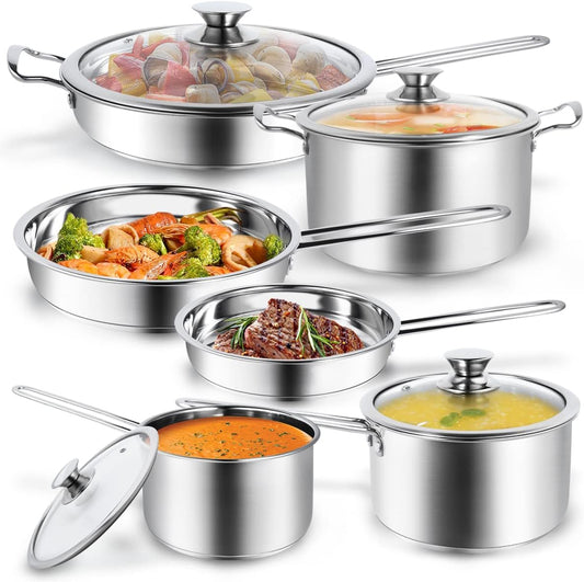 Aufranc 10-Piece Pots and Pans Set, Stainless Steel Cookware Set- Includes Ergonomic Handle Saucepans, Skillets, Dutch Oven, Stockpot, Steamer & More - Premium Pots and Pans for Home Chefs