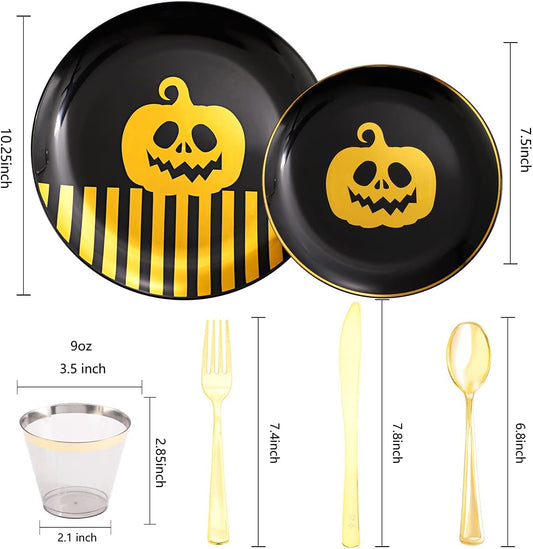 KIRE 25 Guest Halloween Plates Black Gold Plastic Plates Smiley Pumpkin include 50PCS Black &150PCS Gold Plastic Silverware&25PCS Clear Black Cups for Halloween Party