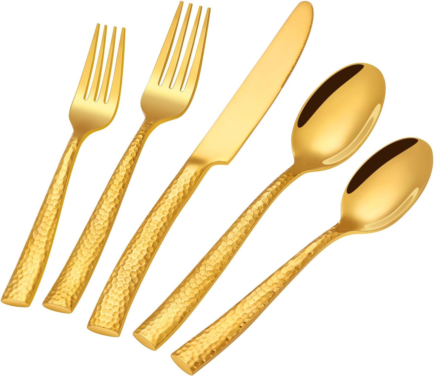 Silverware Set,Ollex 40-Piece Hammered Gold Flatware Cutlery Set for 8 Mirror Finished with Anti-rust stainless steel Spoon Knives Forks for Kitchen Hotel Party Modern Utensil Sets, Dishwasher Safe