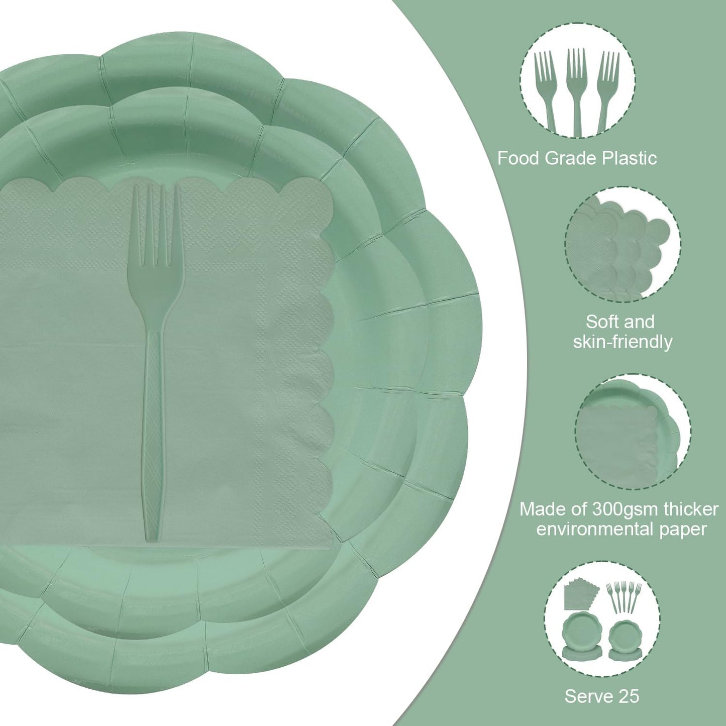 96 Pieces Sage Green Scalloped Tableware Set Party Supplies – Solid Color Disposable Dinnerware with Paper Plates, Napkins, and Forks for Birthday Parties, Garden Events, Baby Showers – Serves 24