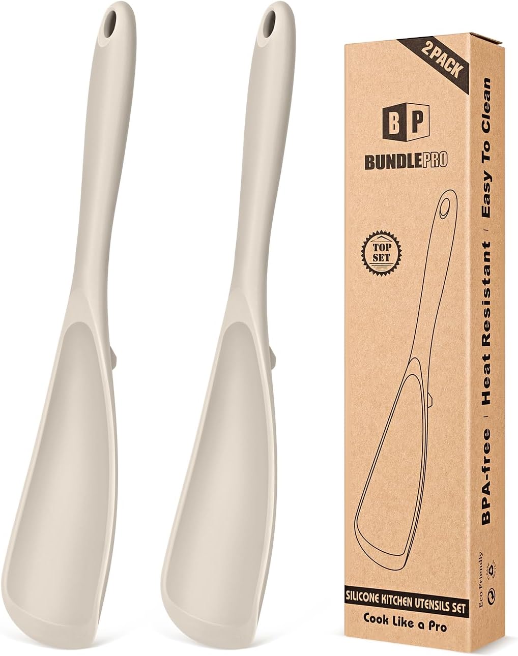 Pack of 2 Cooking Spoons for Non Stick Cookware, Multifunction Spatula Spoon BPA-Free, One-Piece Design, Suitable for Scooping, Scraping, Serving and Mixing (KHAKI-KHAKI)