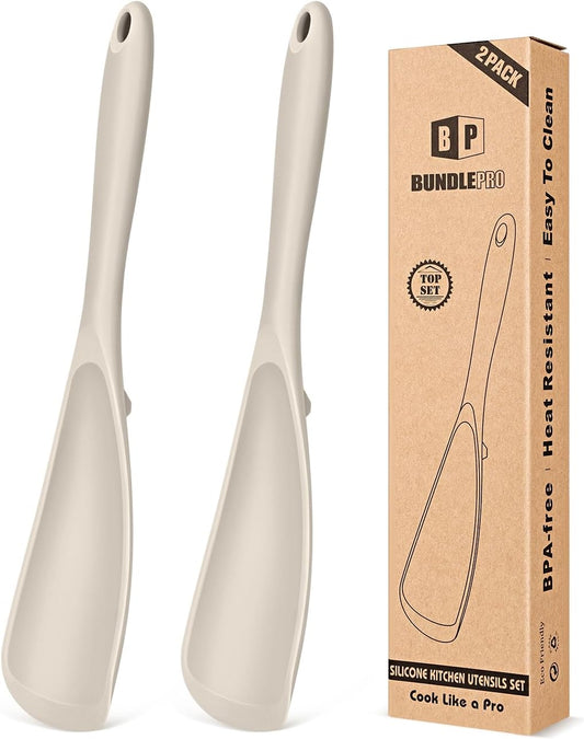 Pack of 2 Cooking Spoons for Non Stick Cookware, Multifunction Spatula Spoon BPA-Free, One-Piece Design, Suitable for Scooping, Scraping, Serving and Mixing (KHAKI-KHAKI)