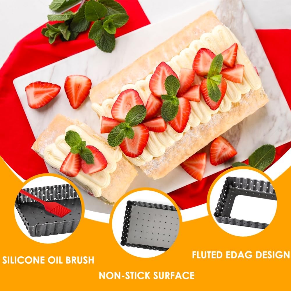 Rectangle Tart Pan with Removable Bottom, 14 Inch Perforated Tart Quiche Pan Nonstick Pie Pan with Oil & Dish Brush, Baking Tray with Loose Bottom for Fluted Pies, Quiche,Tart