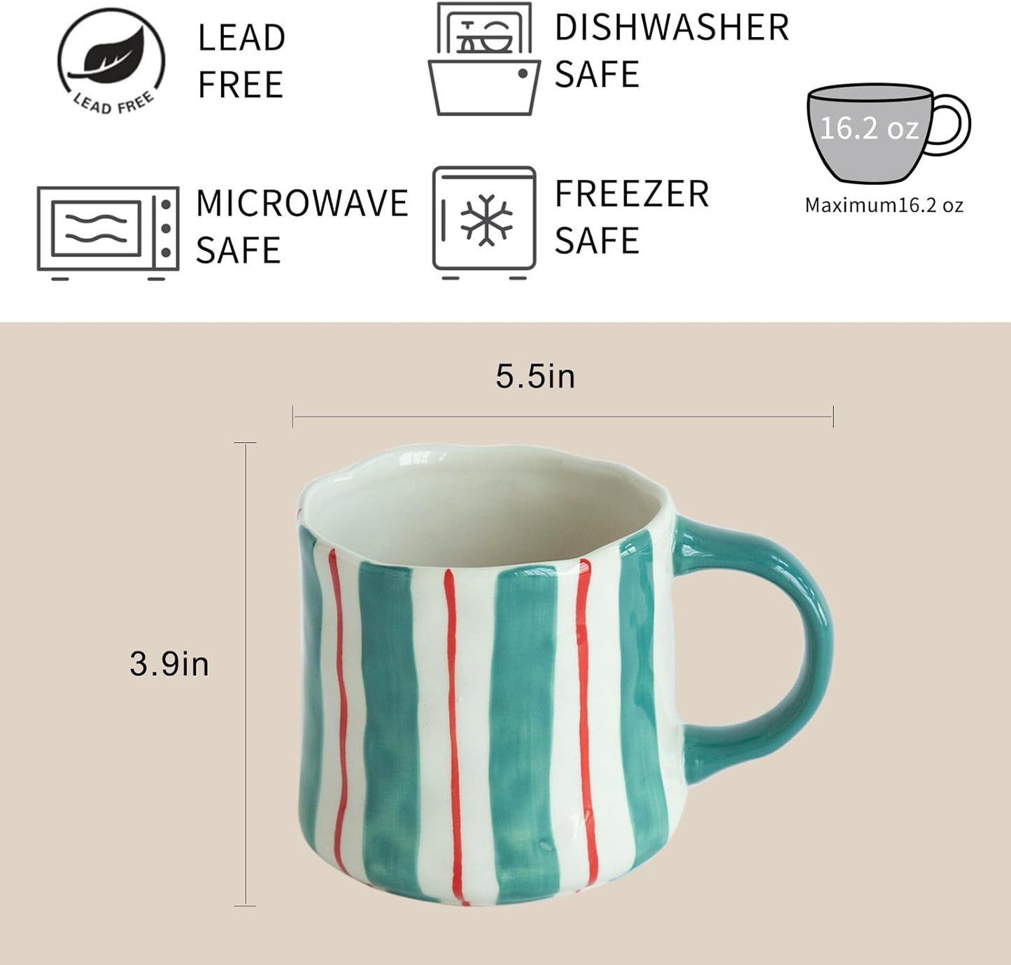 Stripe Ceramic Coffee Mugs, 12oz Vibrant Striped Red and Green Alternating Design Cute Mugs, Dishwasher & Microwave Safe Cups for Coffee, Tea, and Cocoa, Perfect for Daily Brews tea or coffee