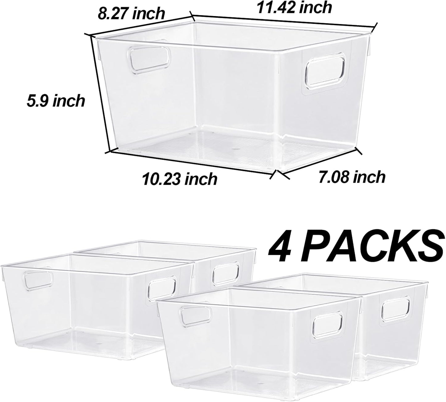 4pcs Clear Storage Bins Clear Storage Containers for Kitchen Pantry Organization, Organizing Bins with Built in Handles, Cabinet Organizers