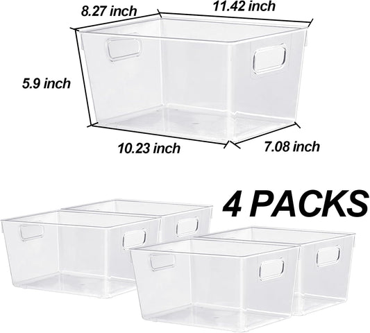 4pcs Clear Storage Bins Clear Storage Containers for Kitchen Pantry Organization, Organizing Bins with Built in Handles, Cabinet Organizers