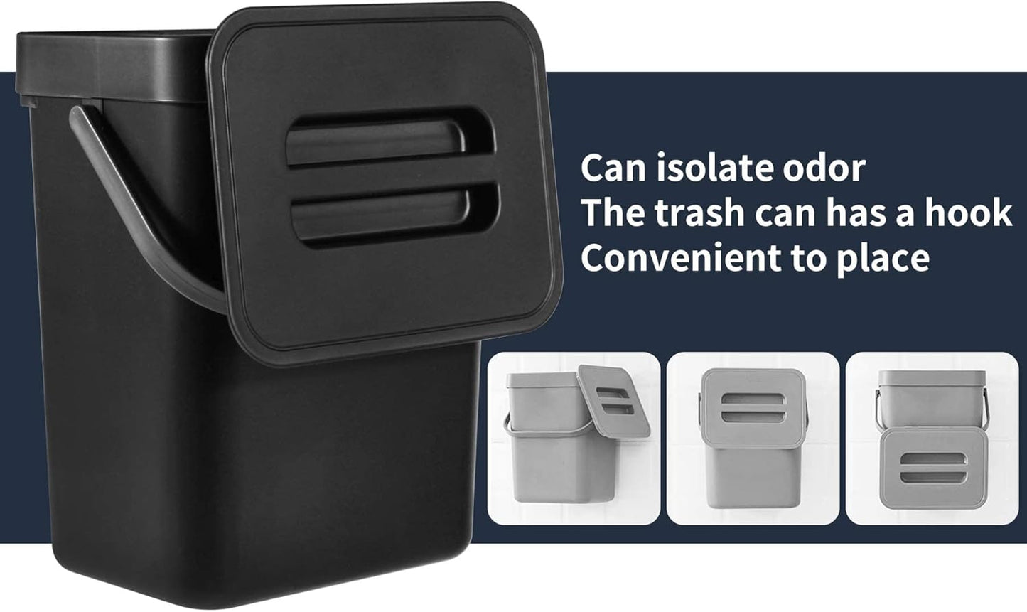 Domiella 2 Pack Hanging Small Trash Can with Lid (1.3 + 0.8 Gal), Kitchen Compost Bin for Countertop or Under Sink, Mountable Food Waste Bin for Cabinet, Bathroom, or RV Use (Black)