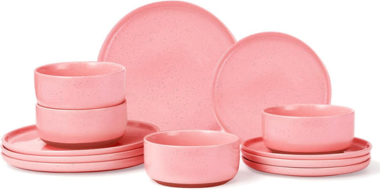 GZG Modern Art Series - 12 Pcs Speckled Stoneware Plates and Bowls Sets, Ceramic Dinnerware Set with Rustic Terracotta Underside, Microwave and Dishwasher Safe Handcrafted Dishes Set - Blush Pink