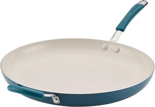 Rachael Ray Cucina Ceramic Nonstick Frying Pan/Skillet, Dishwasher Safe, 14 Inch Open Fry Pan - Marine Blue