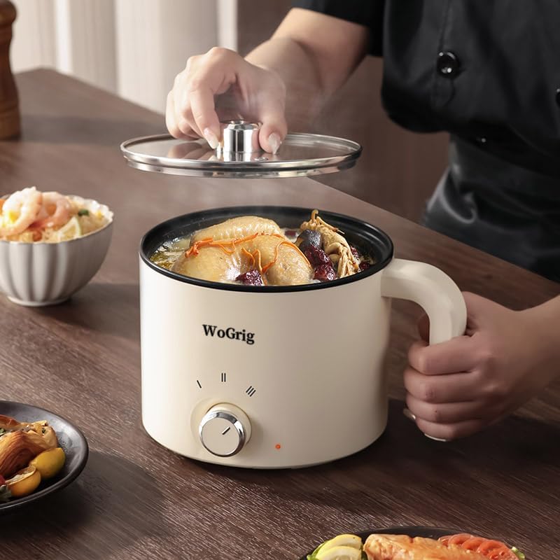 1.8L Electric Hot Pot，Ramen Cooker, Dual power supply Mini Portable Multi-Functional Lazy Pot for Pasta, Noodles, Egg, Soup,Rice，Non-Stick Noodle Cooker with Boil Dry Protection for Dorm, Office (white)
