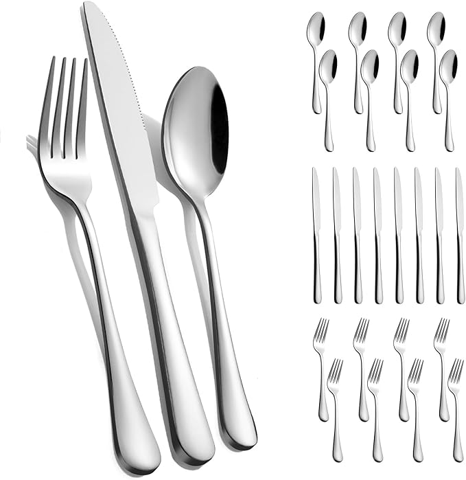 24-Piece Silverware Set for 8 - Stainless Steel Flatware Cutlery Set Service for 8, Mirror Polished Flatware Set Include Forks Spoons Knives for Home, Wedding, Restaurant, Dishwasher Safe
