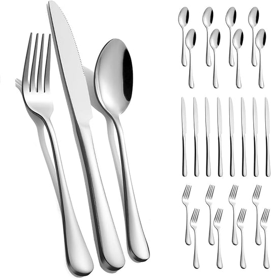 24-Piece Silverware Set for 8 - Stainless Steel Flatware Cutlery Set Service for 8, Mirror Polished Flatware Set Include Forks Spoons Knives for Home, Wedding, Restaurant, Dishwasher Safe