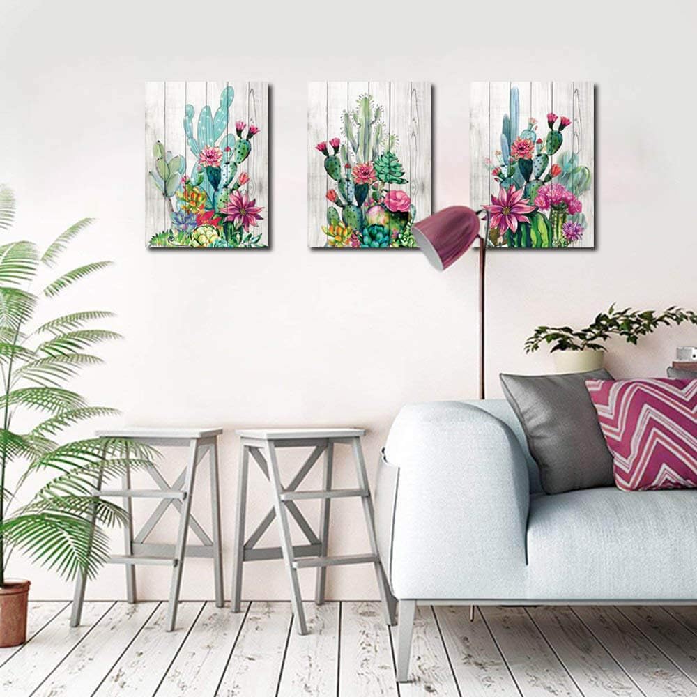 3 Piece Framed Wall Art Watercolor Tropical Plant Desert Cactus Canvas Print for Bedroom Bathroom Spiny Flower Artwork Home Office Wall Decoration 12x16 3 panels Decor