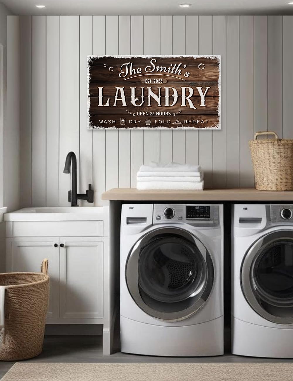 IPIC - Personalized Laundry Room Sign, Custom Canvas Wall Art with Family Name, Rustic Home Decor Printed Acid-Free Cotton Canvas for Business and Home, Made in USA and Ready to hang for Laundry Decor