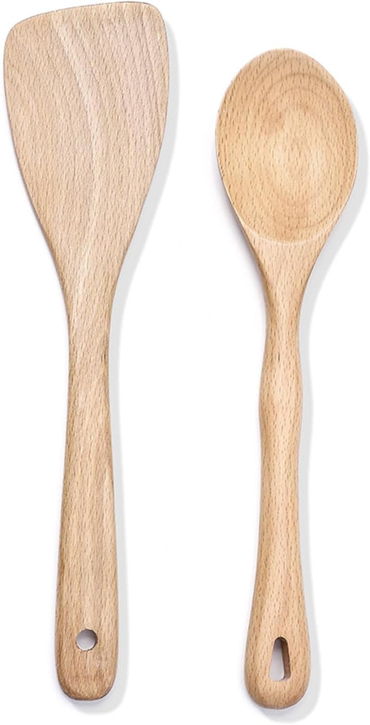 Wooden Spoons for Cooking 2 Pcs Kitchen Utensils Set Wood Spatula Spoon for Stirring Mixing Serving