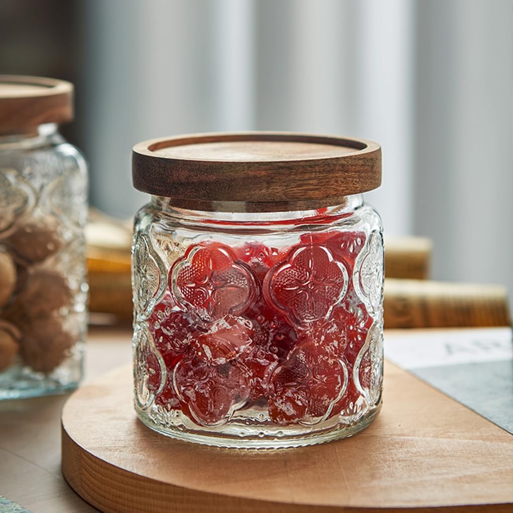 ANSQU 4 Pack Vintage Glass Storage Jar, 16.9 FL OZ Glass Canister Storage Jar Container with Airtight Wooden Lid for Kitchen Counter, Pantry, Coffee, Tea, Sugar, Cookie Jars (Begonia&Sunflower)