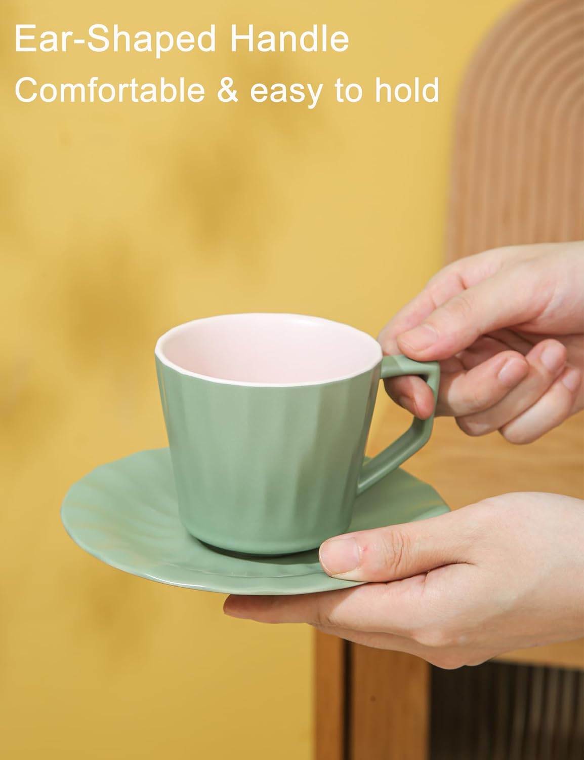 Tea Cups and Saucers, 7.5 OZ Large Espresso Cups Set of 4, Porcelain Coffee Mug and Saucer, Dishwasher & Microwave Safe for Cappuccino, Latte, Mocha, Tea Party, Birthday Gift