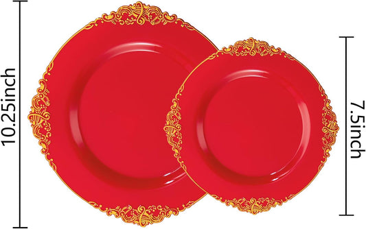 102PCS Red and Gold Plastic Plates - Red Plates Disposable - Vintage Plastic Plate with Gold Rim Include 51PCS Dessert & 51PCS Dinner Plate Perfect for & Weddings & Christmas Parties