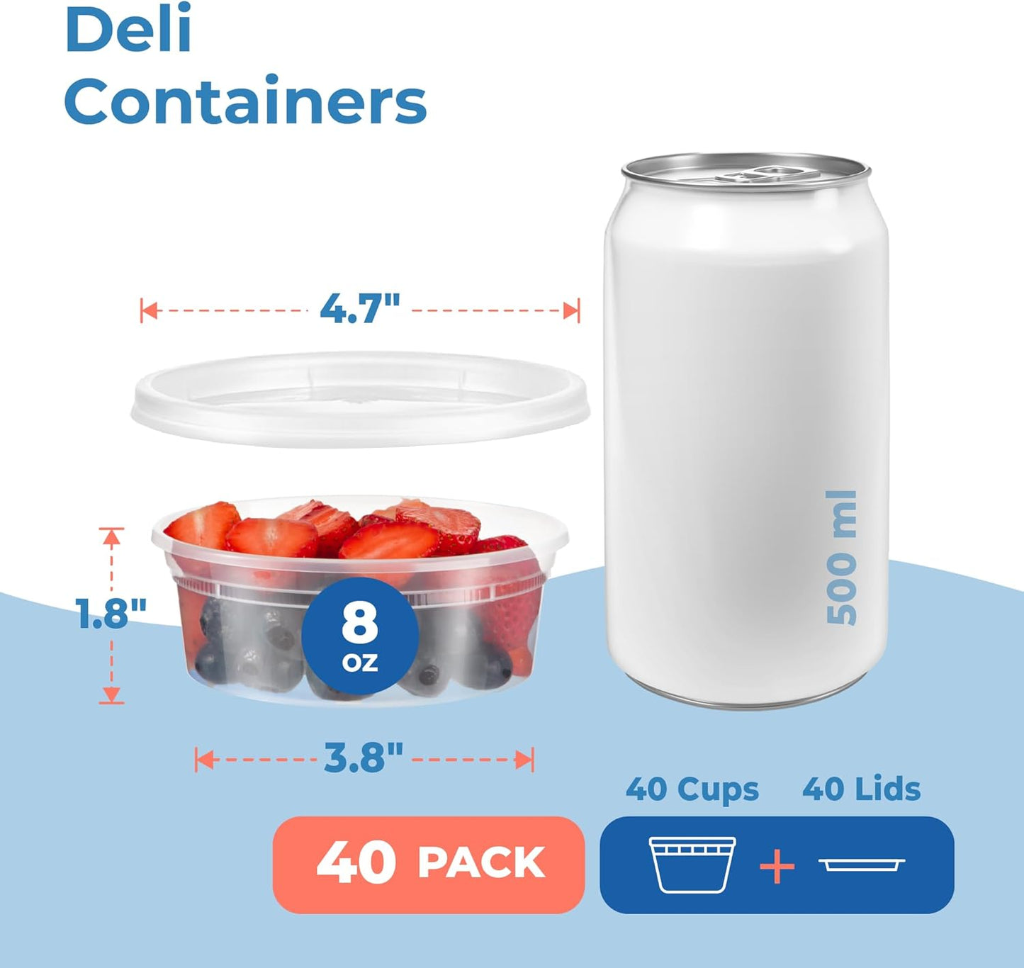 Fit Meal Prep 40 Pack 8 oz Deli Containers with Lids Variety Pack, US Made Leakproof Assorted Plastic Soup Containers, Combo Clear Food Storage Containers with Lids, Microwave Freezer Safe