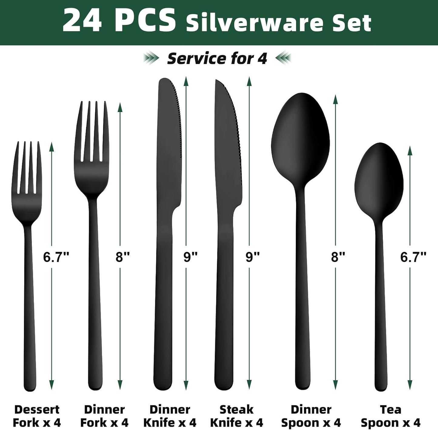 24 Pcs Black Silverware Set with Steak Knives, Food-Grade Stainless Steel Flatware Cutlery Set for 4, Mirror Polished Tableware Eating Utensils Set for Kitchen, Knife Fork Spoon Set, Dishwasher Safe