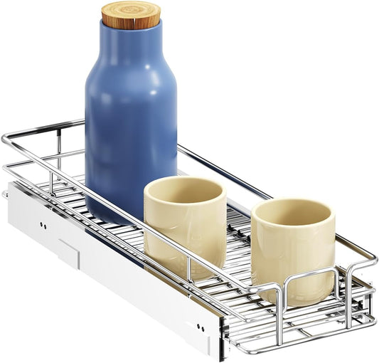 ROOMTEC Pull Out Cabinet Organizer, Single Tier, Black, Kitchen, 9" W x 21" D x 3.5" H, Heavy Duty Slide Out Shelves