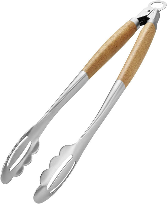 KULUNER Stainless Steel Barbecue Tongs with Solid Wood Handle, Kitchen Metal Locking Design, Extra Long 17.5 Inches 700 Degrees, Suitable for Food Cooking, Salad and Outdoor Grilling(Beechwood)