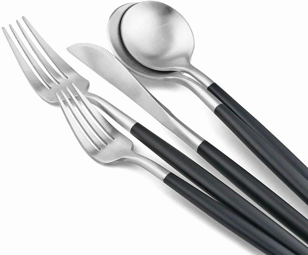 Gugrida Luxury Flatware, Royal 5 Piece Matte Black Handle 18/10 Stainless Steel Tableware Sets for 1 Including Forks Spoons Knives, Camping Silverware Travel Utensils Set Cutlery (Black Silver)