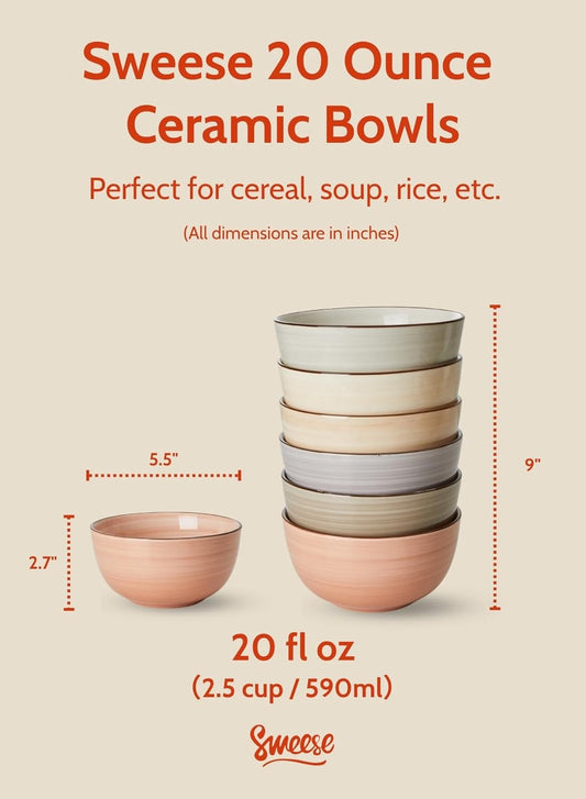 Sweese 20 Oz Porcelain Cereal Bowls - Multicolor Set of 6, Dishwasher Safe, for Soup, Salad, Rice, Kitchen Decor