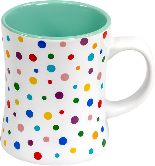 Mint Green Cute Coffee Mug with Confetti Polka Dot Rainbow Sprinkles | Birthday Cake Coffee Cup Gift |Fun Colorful Pattern | Large White Ceramic Cup with Green, Yellow, Red, Pink, and Blue Sprinkles