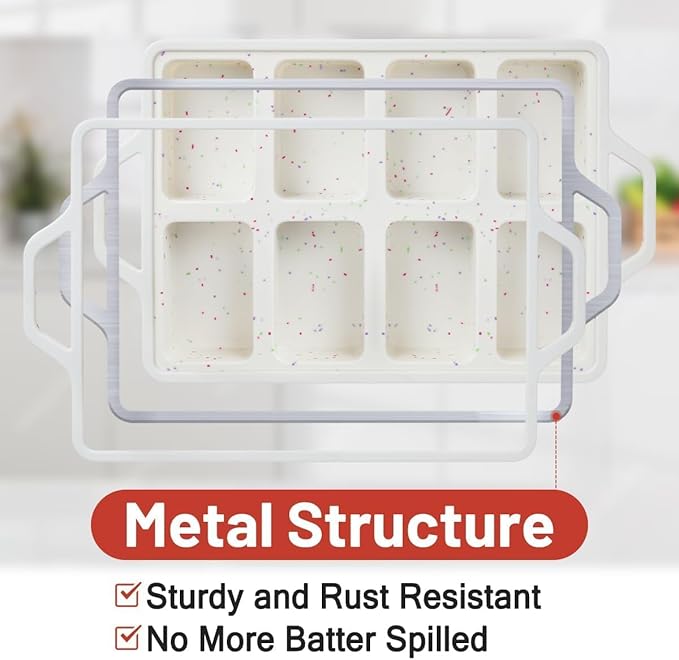 CAKETIME Mini Loaf Pans, Metal Reinforced Frame Silicone Bread Loaf Pans 8 Cavities Nonstick for Baking Cornbread, Mini Bread, Brownie, Cheesecake, Chocolate 2 Pack Confetti