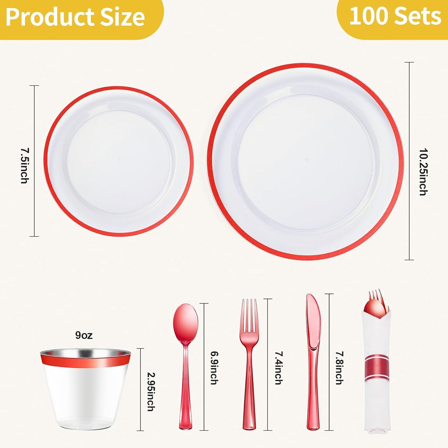 Goodluck 700 Piece Red Plastic Dinnerware Set for Party, Clear Disposable Plates for 100 Guests, Include: 100 Dinner Plates, 100 Dessert Plates, 100 Pre Rolled Napkins with Cutlery Set, 100 Cups