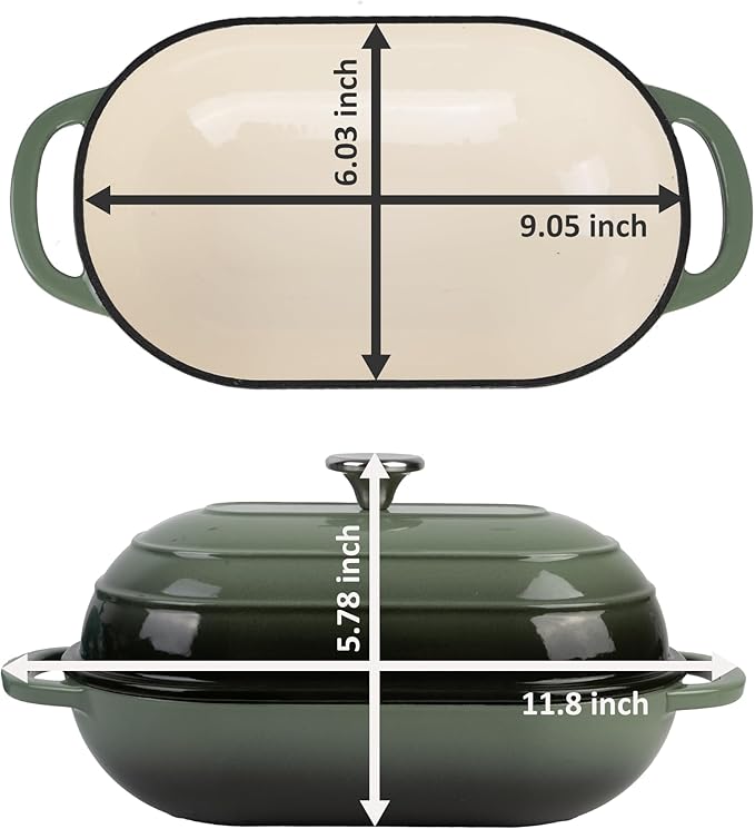 Premium Enameled Cast Iron Dutch Oven for Bread Baking | Non-Stick 2QT Oval Bread Oven with Lid | Perfect for Sourdough, Loaf, and Artisan Baking (Oval Green, 5 QT)