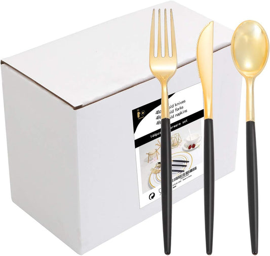 I00000 144 PCS Black Silverware Set, Plastic Silverware with Black Handle, Gold Plastic Cutlery Includes: 48 Forks, 48 Knives and 48 Spoons for Party or Dinner& Wedding