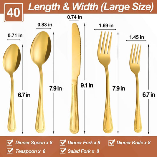 40 Pcs Gold Silverware Set for 8 with Pearled Edge Handle design, Food Grade Stainless Steel Flatware Set, Eating Utensils Sets Include Fork/Knife/Spoon, Reusable Cutlery Set, Dishwasher Safe