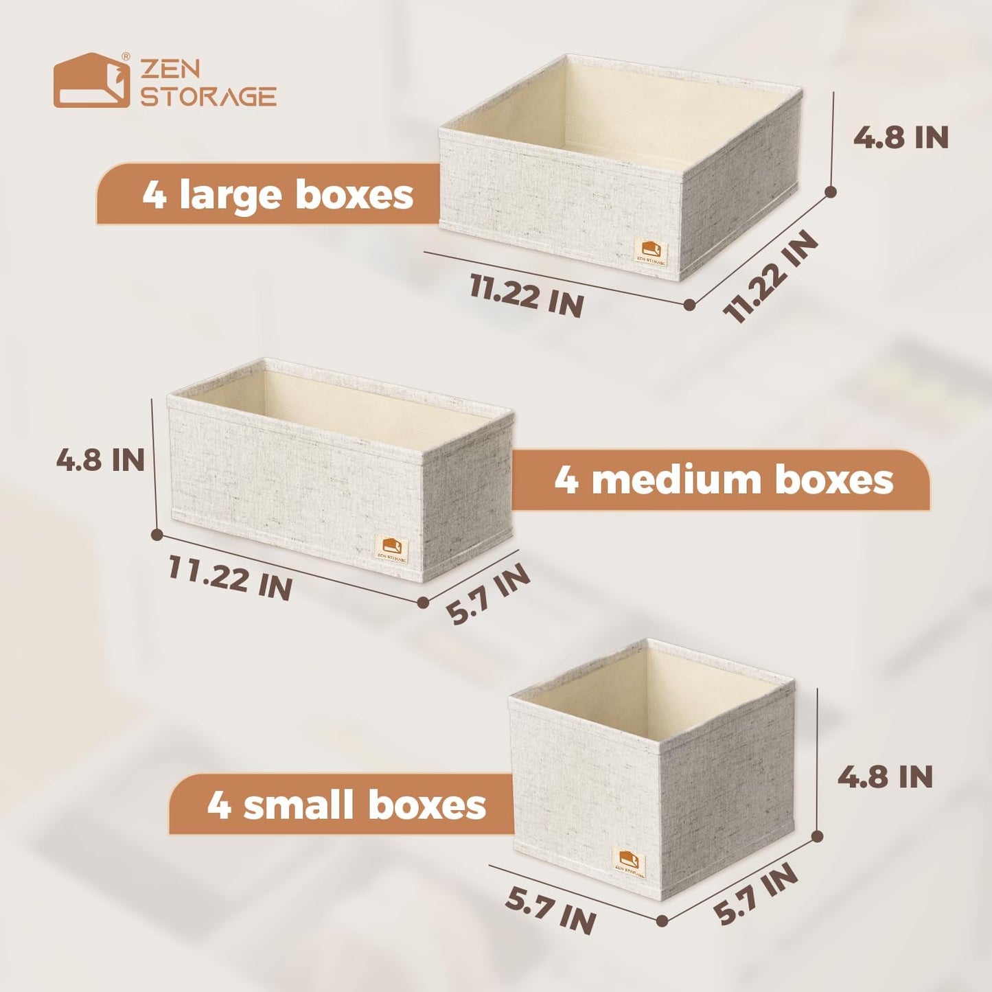 Cotton Linen Drawer Organizer for Baby Clothes, 12Pack Foldable Nursery Dresser Divider, Multi-Size Set Dresser Drawer Organizer for Nursery, Bedroom and Closet, Beige