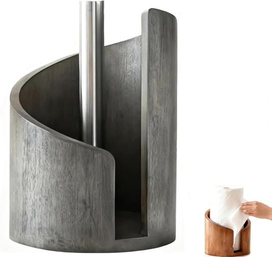 Mountain Paper Towel Holder Countertop with Mango Wood and Iron Round Base, Effortless One-Hand Tear Modern Kitchen Towel Dispenser for Counter, Cabinet, Farmhouse Kitchen (Gray)
