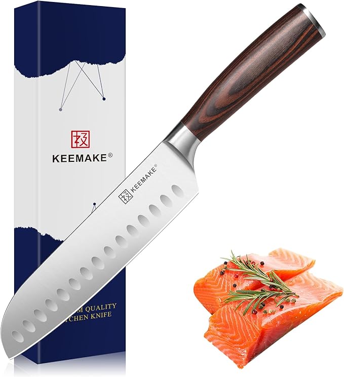 KEEMAKE Chef Santoku Knife - 7 Inch Ultra Sharp Kitchen Knife with Stainless Steel Blade for Cooking Meat Fruit Vegetable with Ergonomic Pakkawood Handle and Gift Box Included