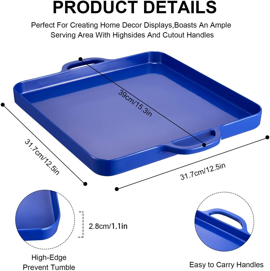 Square Serving Trays with Handles Melamine Dark Blue 12.5x12.5 Inch Spill Proof Kitchen Eating Trays Set of 2 for Cafeteria Cafe Food Appeizer Dessert Snack Dinner Lunch Breakfast,TR15-02