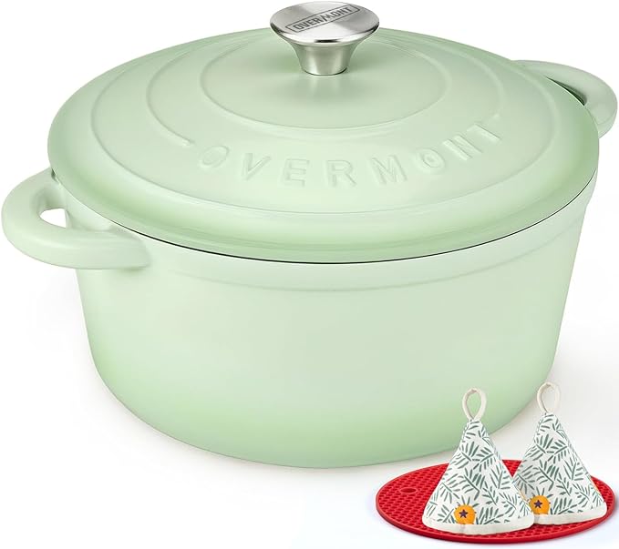 Overmont Enameled Cast Iron Dutch Oven - 5.5QT Pot with Lid Cookbook & Cotton Potholders - Heavy-Duty Cookware for Braising, Stews, Roasting, Bread Baking Verdant