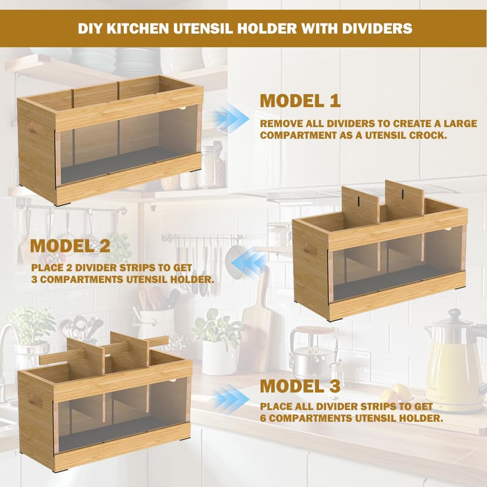 Utensil Holder for Kitchen Counter,Large Utensil Holder with Absorbing Drying Stone Mat,Bamboo Utensil Organizer with 6 Compartments,Silverware Caddy&Cooking Utensil Organizer for Kitchen Decor