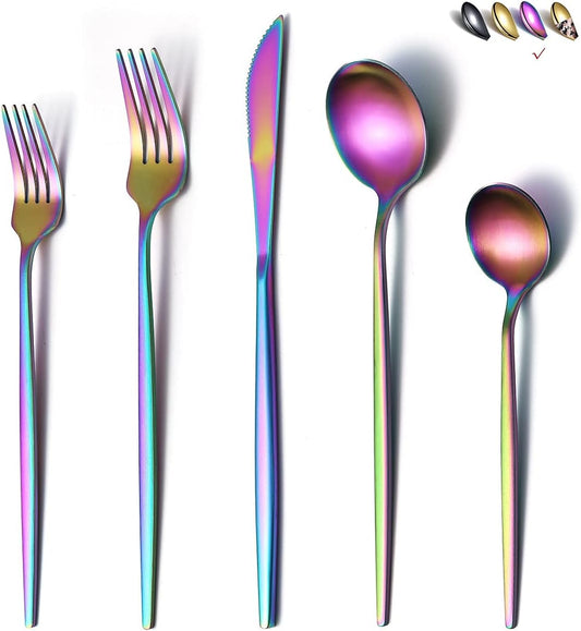 Matte Rainbow Flatware Set 20 Pieces, Stainless Steel Colorful Silverware Set, Titanium Plating Matte Rainbow Cutlery Set, Matte Rainbow Utensil Sets, Service Set for 4 (Matte Rainbow)