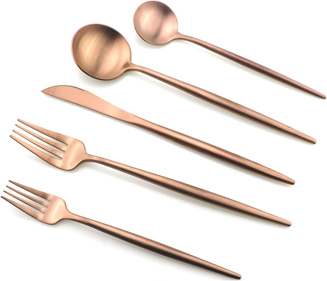 Gugrida 20 Pieces Matte Flatware Set, 18/10 Stainless Steel Cutlery Sets Including Knife Fork Spoon w/Drinking Straw, Silverware Sets Service for 4 (20-Piece, Matte Rose Gold)
