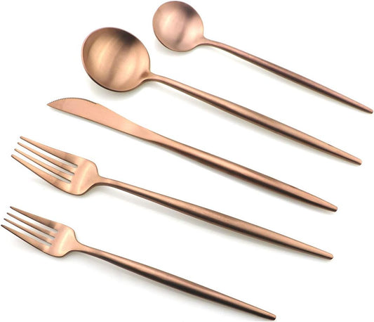 Gugrida 20 Pieces Matte Flatware Set, 18/10 Stainless Steel Cutlery Sets Including Knife Fork Spoon w/Drinking Straw, Silverware Sets Service for 4 (20-Piece, Matte Rose Gold)